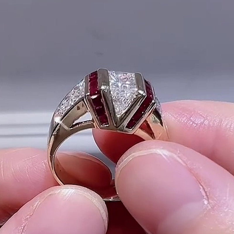 Jzora Handmade Art Deco Skyscraper Inspired Ruby & CZ Gold Plated Vintage Statement Men's Ring
