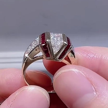 Jzora Handmade Art Deco Skyscraper Inspired Ruby & CZ Gold Plated Vintage Statement Men's Ring