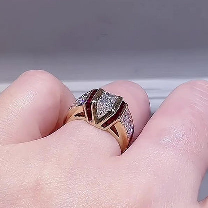 Jzora Handmade Art Deco Skyscraper Inspired Ruby & CZ Gold Plated Vintage Statement Men's Ring