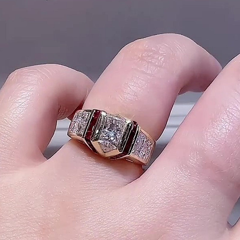 Jzora Handmade Art Deco Skyscraper Inspired Ruby & CZ Gold Plated Vintage Statement Men's Ring