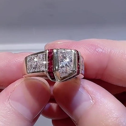 Jzora Handmade Art Deco Skyscraper Inspired Ruby & CZ Gold Plated Vintage Statement Men's Ring