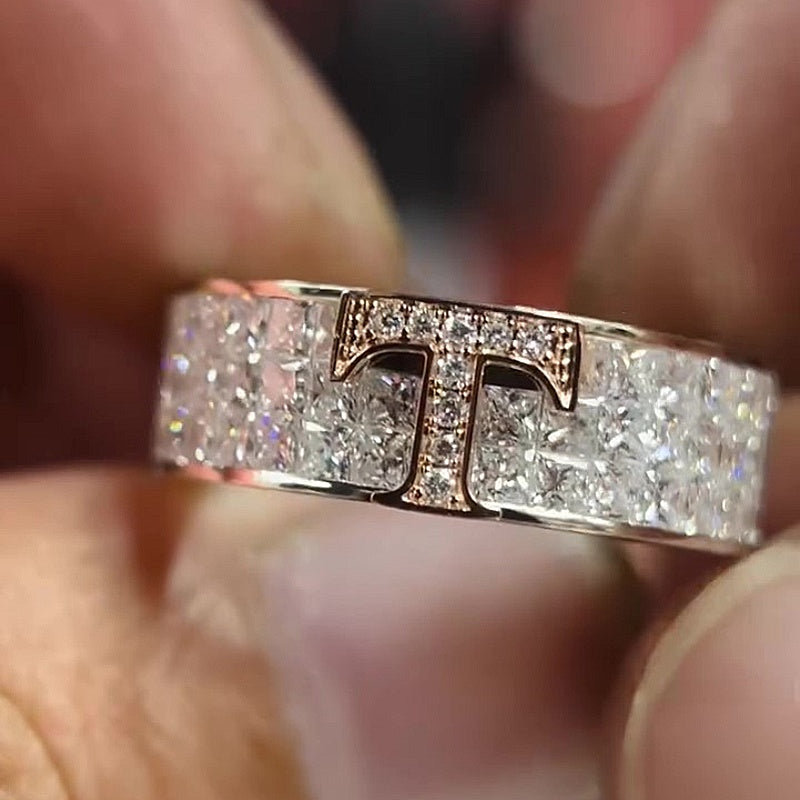 Jzora Handmade Bold Luxury Two‑Tone Iced T‑Bar Cubic Zirconia Fashion Ring