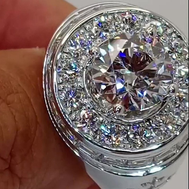 Jzora Handmade Bold Round Brilliant Cut Double‑Halo Full‑Pave Men’s Statement Ring