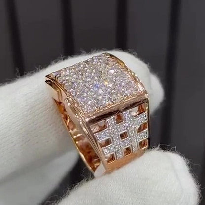 Jzora Handmade Bold Rose Gold Plated Full‑Pave CZ Men’s Square Statement Ring