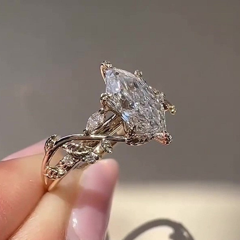 Jzora Handmade Marquise Cut CZ Vintage Leaf & Vine Sterling Silver Engagement Ring