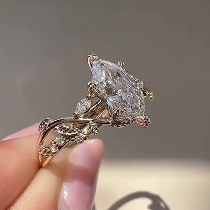 Jzora Handmade Marquise Cut CZ Vintage Leaf & Vine Sterling Silver Engagement Ring