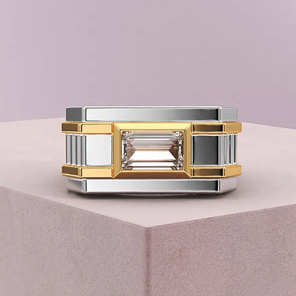 Jzora Handmade Art Deco Two‑Tone Baguette Cut Men’s Wedding Band Ring