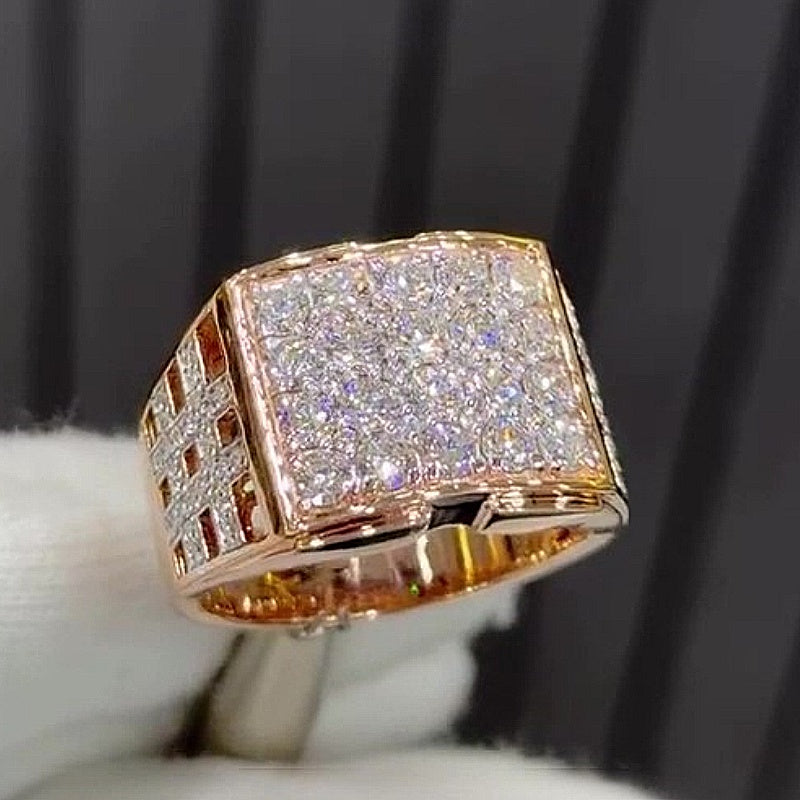Jzora Handmade Bold Rose Gold Plated Full‑Pave CZ Men’s Square Statement Ring