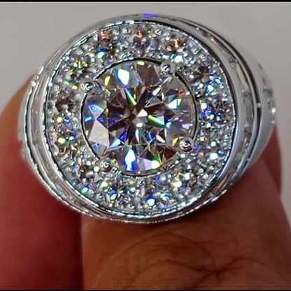 Jzora Handmade Bold Round Brilliant Cut Double‑Halo Full‑Pave Men’s Statement Ring