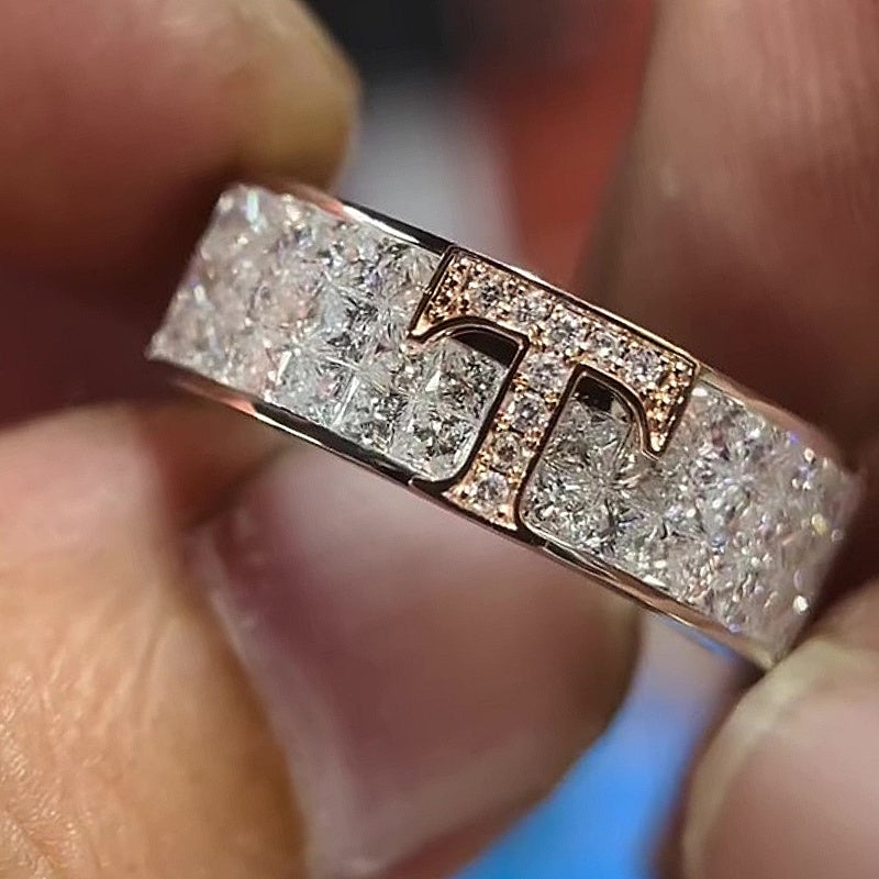 Jzora Handmade Bold Luxury Two‑Tone Iced T‑Bar Cubic Zirconia Fashion Ring