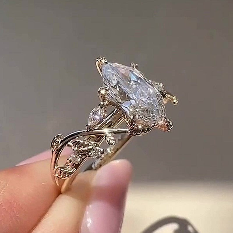Jzora Handmade Marquise Cut CZ Vintage Leaf & Vine Sterling Silver Engagement Ring