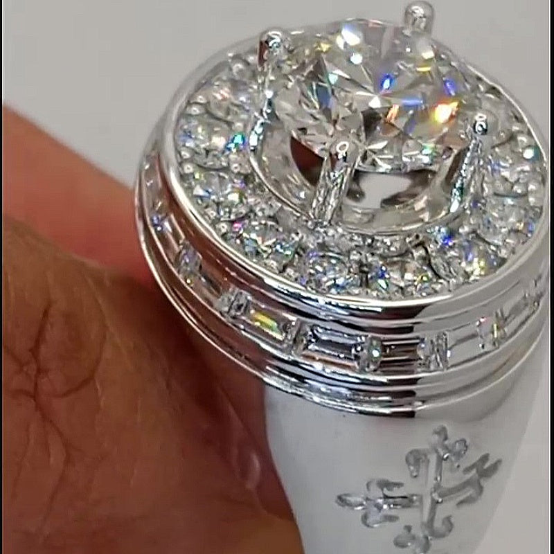 Jzora Handmade Bold Round Brilliant Cut Double‑Halo Full‑Pave Men’s Statement Ring