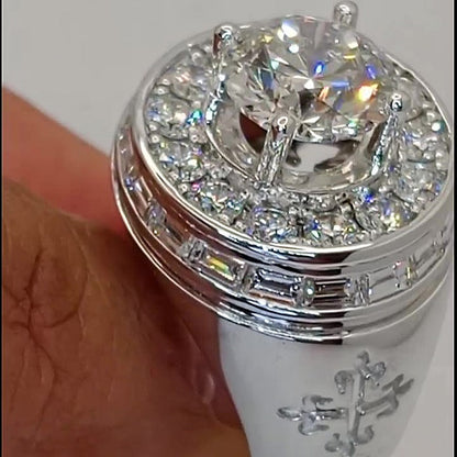 Jzora Handmade Bold Round Brilliant Cut Double‑Halo Full‑Pave Men’s Statement Ring
