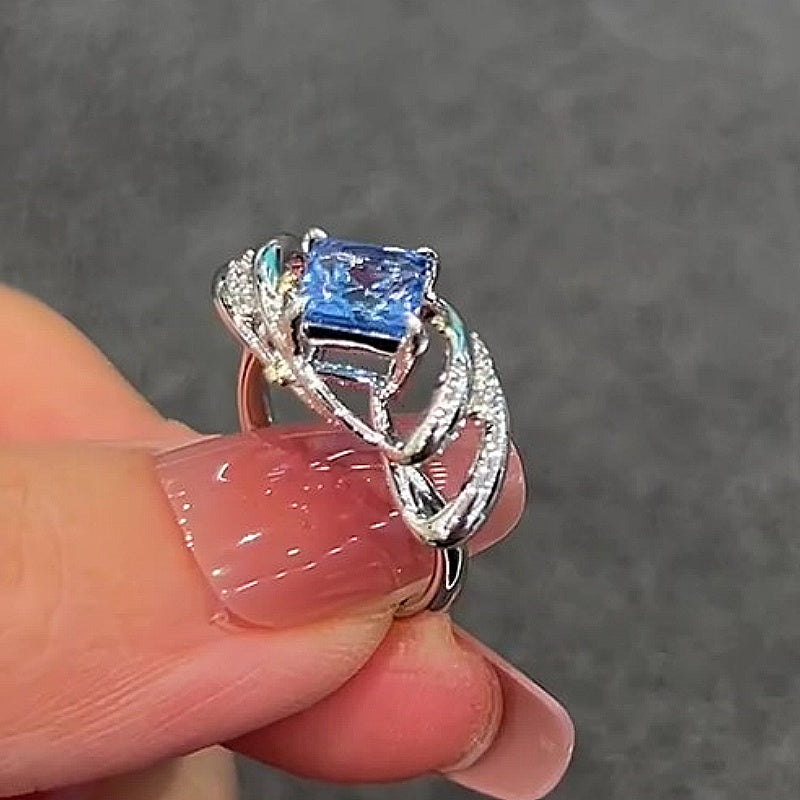Jzora Handmade Princess Cut Blue Topaz Twisted Vine Design Sterling Silver Ring