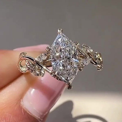 Jzora Handmade Marquise Cut CZ Vintage Leaf & Vine Sterling Silver Engagement Ring