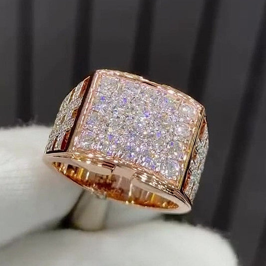 Jzora Handmade Bold Rose Gold Plated Full‑Pave CZ Men’s Square Statement Ring
