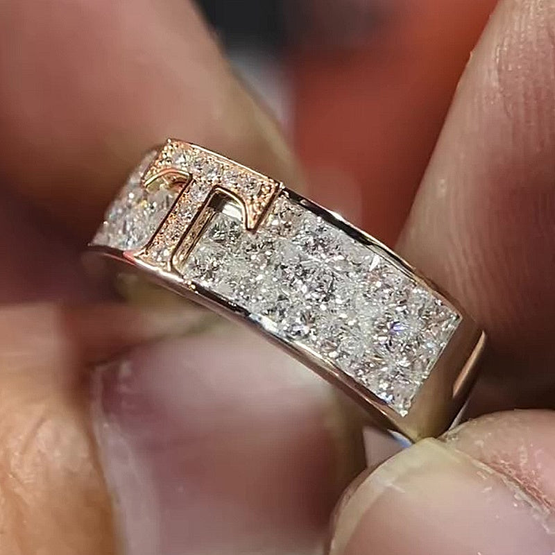 Jzora Handmade Bold Luxury Two‑Tone Iced T‑Bar Cubic Zirconia Fashion Ring
