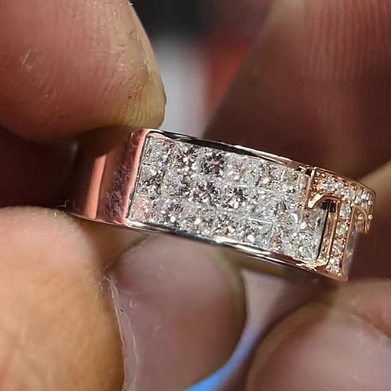 Jzora Handmade Bold Luxury Two‑Tone Iced T‑Bar Cubic Zirconia Fashion Ring