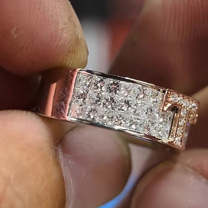 Jzora Handmade Bold Luxury Two‑Tone Iced T‑Bar Cubic Zirconia Fashion Ring