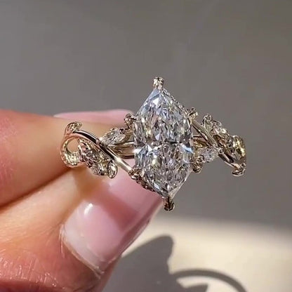Jzora Handmade Marquise Cut CZ Vintage Leaf & Vine Sterling Silver Engagement Ring