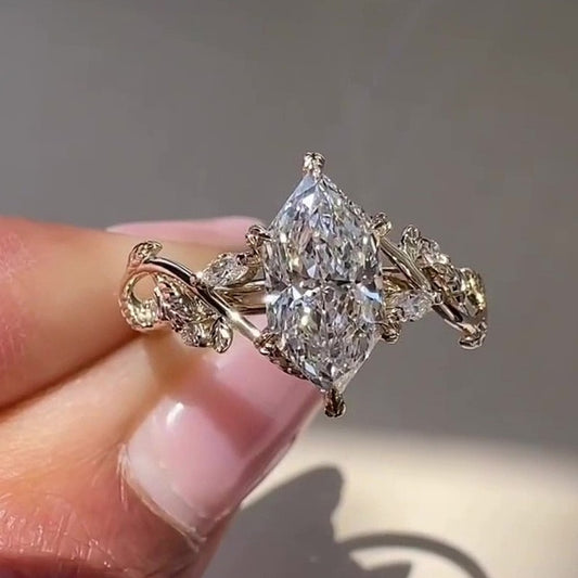 Jzora Handmade Marquise Cut CZ Vintage Leaf & Vine Engagement Ring