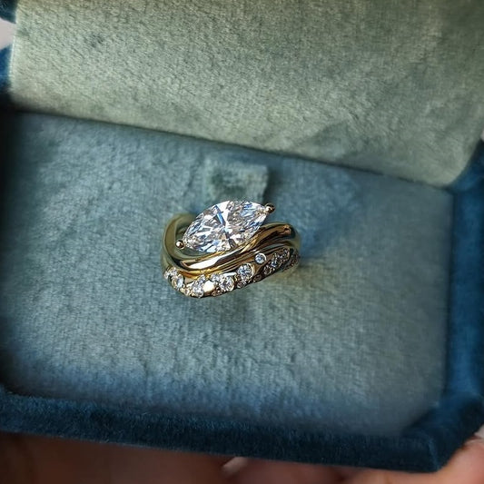 Jzora handmade gold marquise cut 2pcs sterling silver ring set
