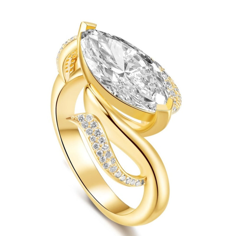 Jzora handmade 3ct marquise center & pavé swirl halo sterling silver ring