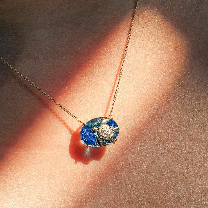 Jzora handmade blue topaz turtle sterling silver necklace