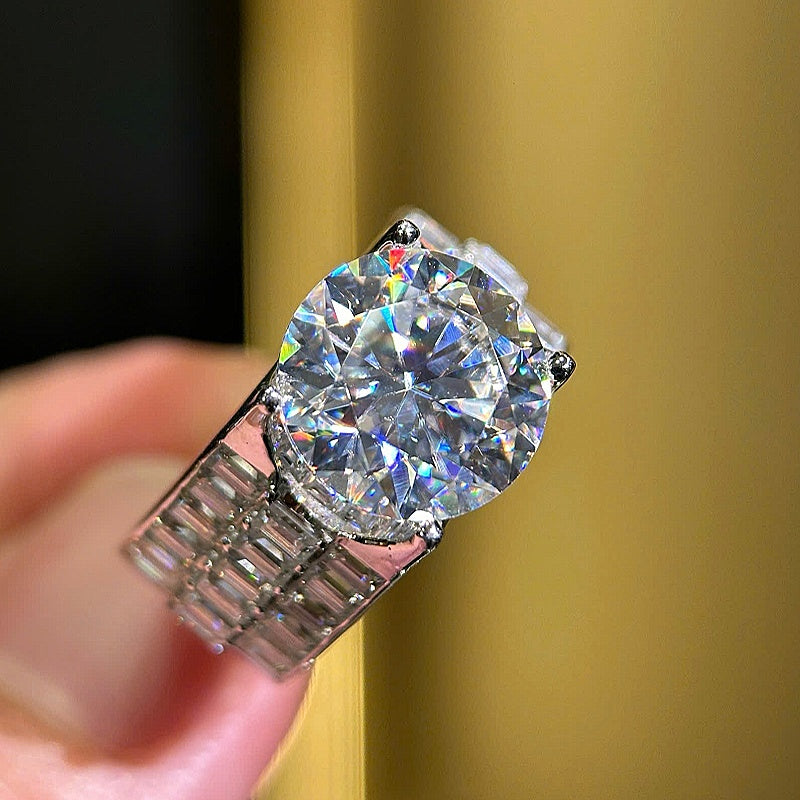 Jzora Handmade Chunky Wide Round Brilliant Moissanite Baguette Accent Men’s Sparkling Ring