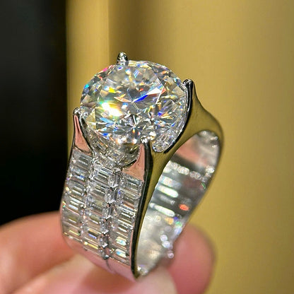 Jzora Handmade Chunky Wide Round Brilliant Moissanite Baguette Accent Men’s Sparkling Ring