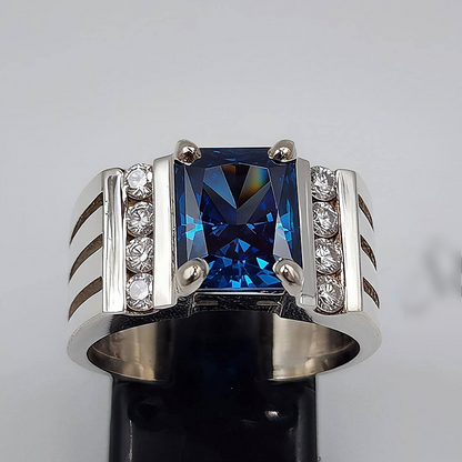 Jzora Handmade Modern Geometric Blue Sapphire CZ Men’s Luxury Statement Ring