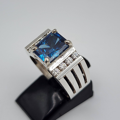 Jzora Handmade Modern Geometric Blue Sapphire CZ Men’s Luxury Statement Ring