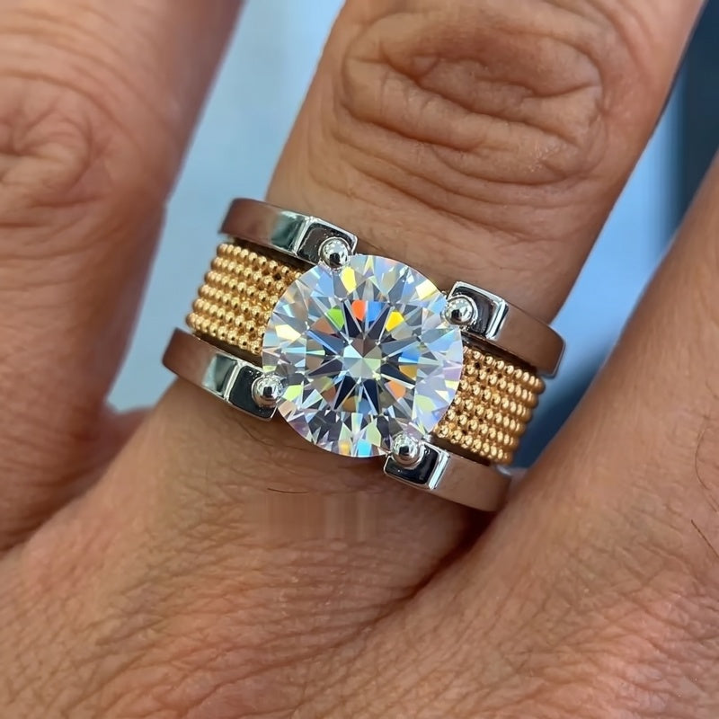 Jzora Handmade Luxury Textured Two‑Tone Moissanite Solitaire Men’s Wide Band Ring