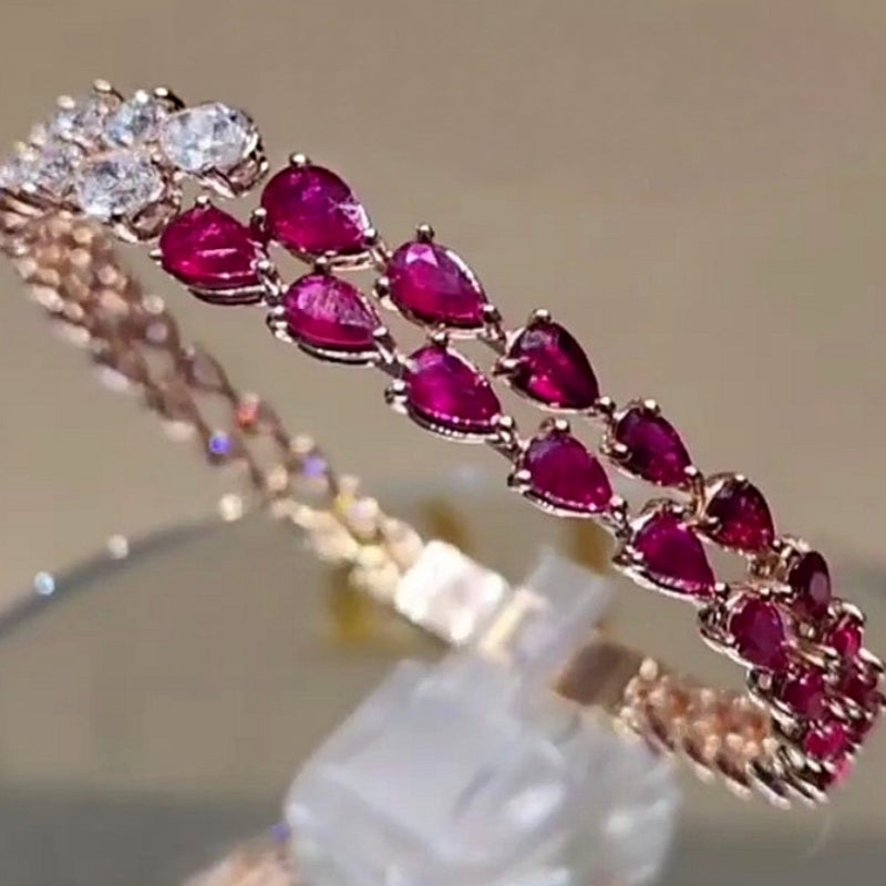 Jzora Handmade Elegant Rose Gold Pear Cut Ruby & White CZ Open Cuff Bracelet