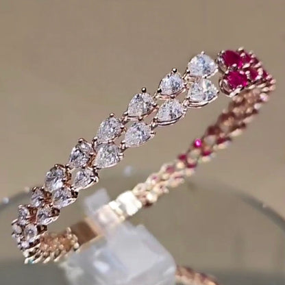 Jzora Handmade Elegant Rose Gold Pear Cut Ruby & White CZ Open Cuff Bracelet