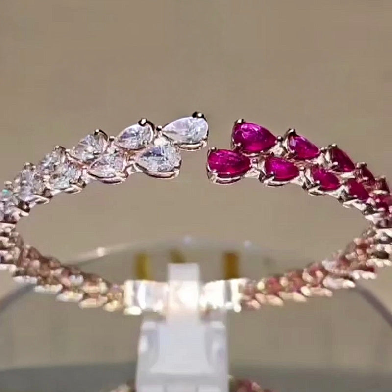 Jzora Handmade Elegant Rose Gold Pear Cut Ruby & White CZ Open Cuff Bracelet