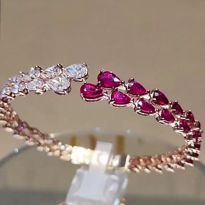 Jzora Handmade Elegant Rose Gold Pear Cut Ruby & White CZ Open Cuff Bracelet
