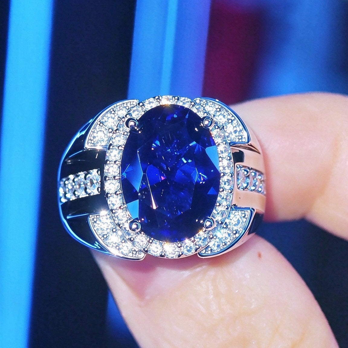 Jzora handmade vintage-style 9ct oval cut blue sapphire men’s ring