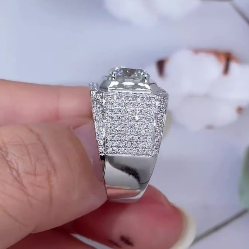 Jzora handmade luxury round brilliant cut fully paved halo sparkle wide band men's ring
