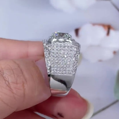 Jzora handmade luxury round brilliant cut fully paved halo sparkle wide band men's ring