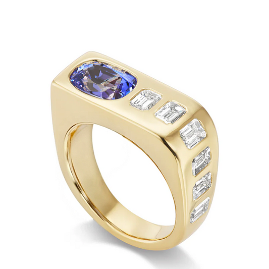 Jzora Handmade Cushion Tanzanite & Emerald Cut CZ Waterfall Men's Ring