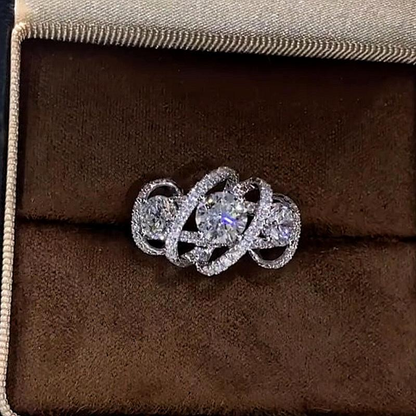 Jzora handmade round cut triple-stone Moissanite crisscross pavé halo ring