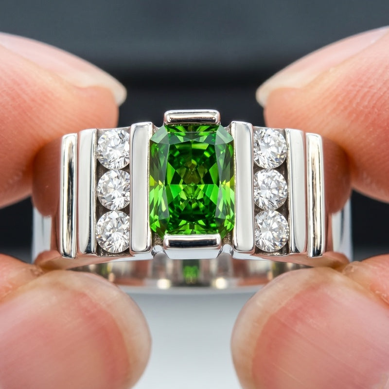 Jzora Handmade Bold Radiant-Cut Green CZ with Side Round CZ Grooved Men’s Ring