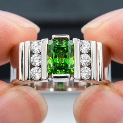 Jzora Handmade Bold Radiant-Cut Green CZ with Side Round CZ Grooved Men’s Ring