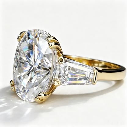 Jzora Handmade Classic Three Stone Oval D-Moissanite & Trapezoid Side Stone Engagement Ring
