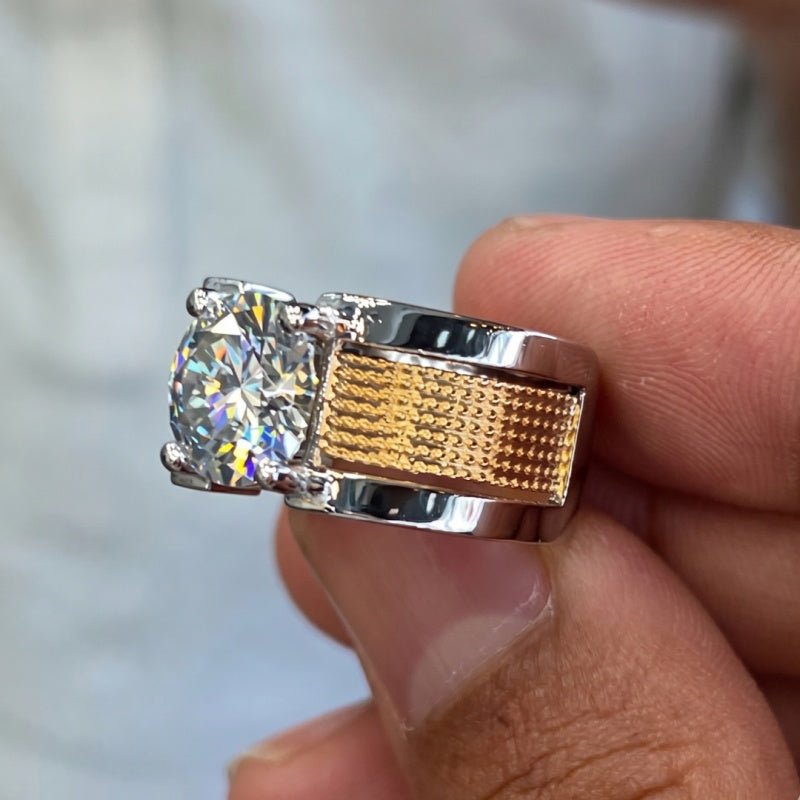 Jzora Handmade Luxury Textured Two‑Tone Moissanite Solitaire Men’s Wide Band Ring