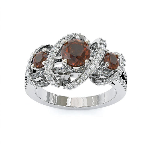 Jzora handmade D-Coffee Round Cut Triple-Stone Crisscross Pavé Halo Ring