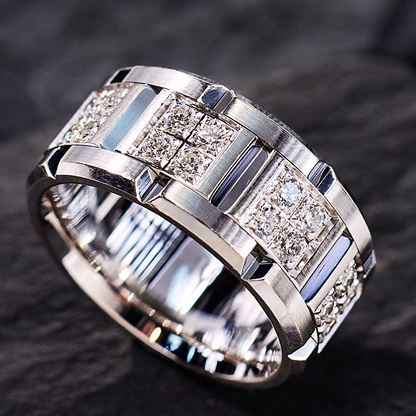Jzora Handmade Round Brilliant CZ Cluster Satin-Finished Men's Wedding Band Ring