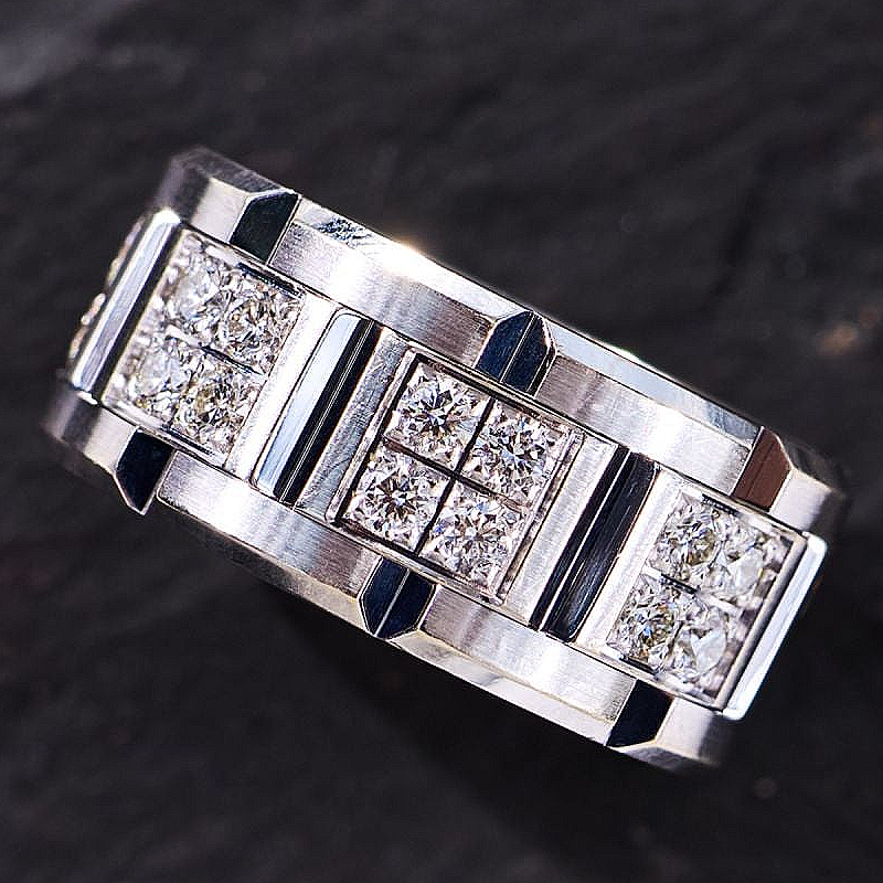 Jzora Handmade Round Brilliant CZ Cluster Satin-Finished Men's Wedding Band Ring