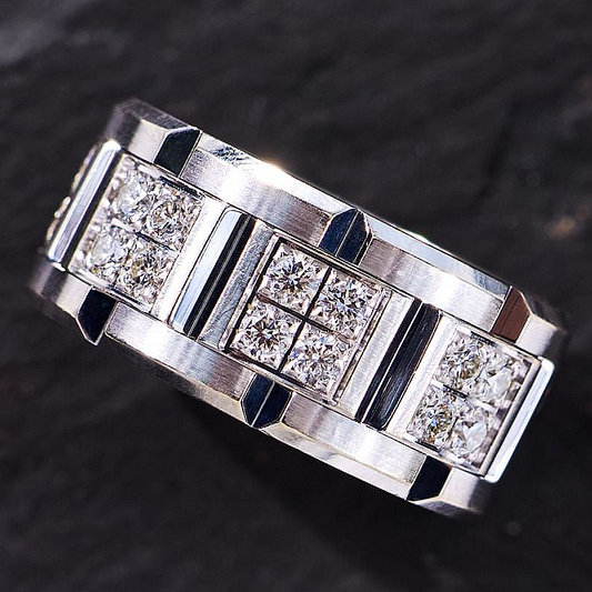 Jzora Handmade Round Brilliant CZ Cluster Satin-Finished Men's Wedding Band Ring